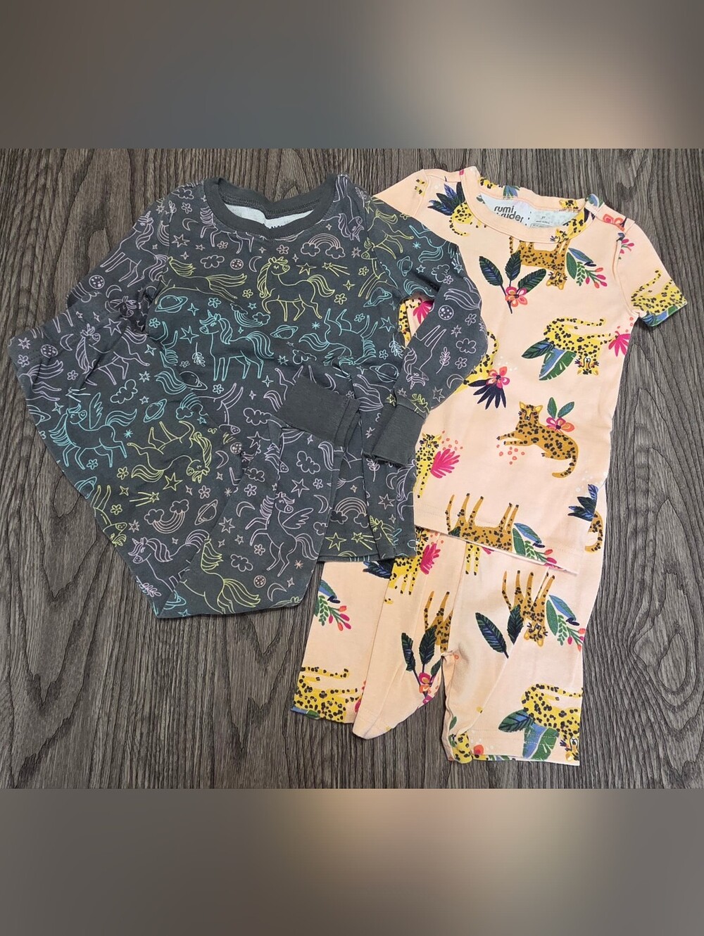 Old Navy Gray Unicorn Print Top and Peach Leopard Pajama Set